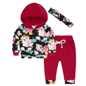 

Autumn Baby Girls Clothes Newborn Infant Black Hooded Sweatshirt Tops + Floral Pants 2pcs Outfits Tracksuit Kids Clothing Set