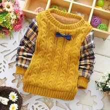 Осенне-зимний Повседневный вязаный свитер для мальчиков с украшением в виде галстука и бархатом, сохраняющий тепло, Y2020