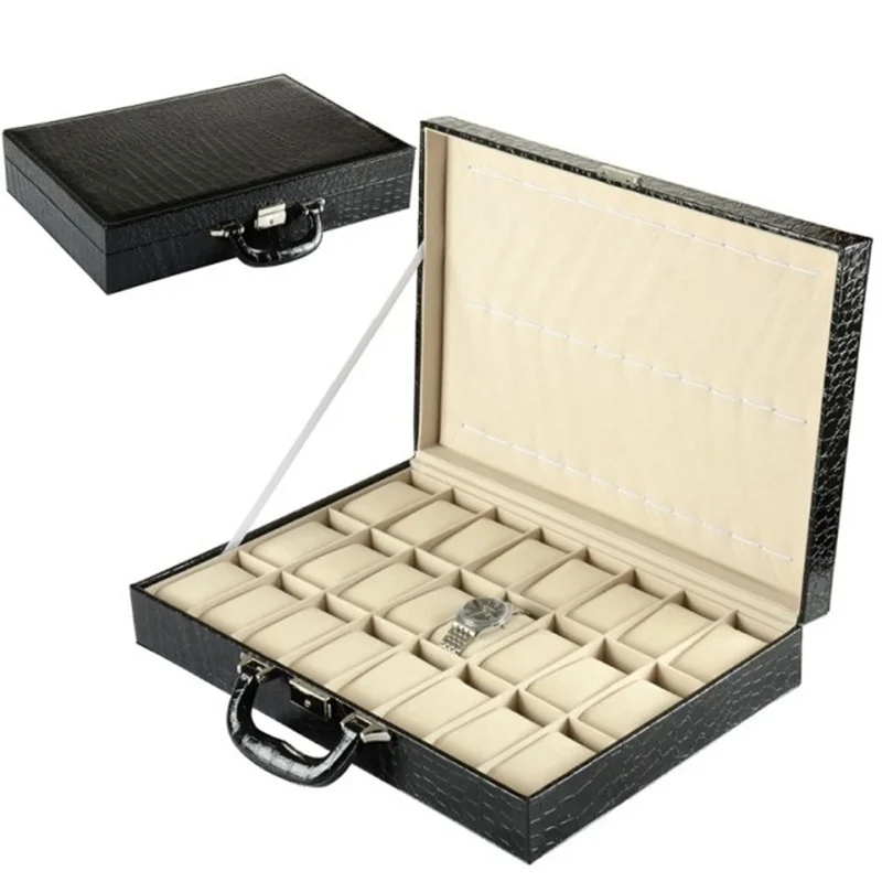 24 слота коробки для хранения часов корпус черный PU кожаный футляр для наручных часов для мужчин органайзер для часов держатель часы дисплей Подарочный чемодан