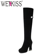 WETKISS/Сапоги до колена из флока высокого качества Весенние сапоги на молнии на Высоком толстом каблуке женские сапоги на платформе с черным кристаллом