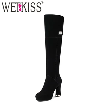 

WETKISS High Quality Flock Knee Boots Zipper Thick High Heels Spring Boots Female Platform Black Crystal 2018 Boot Women