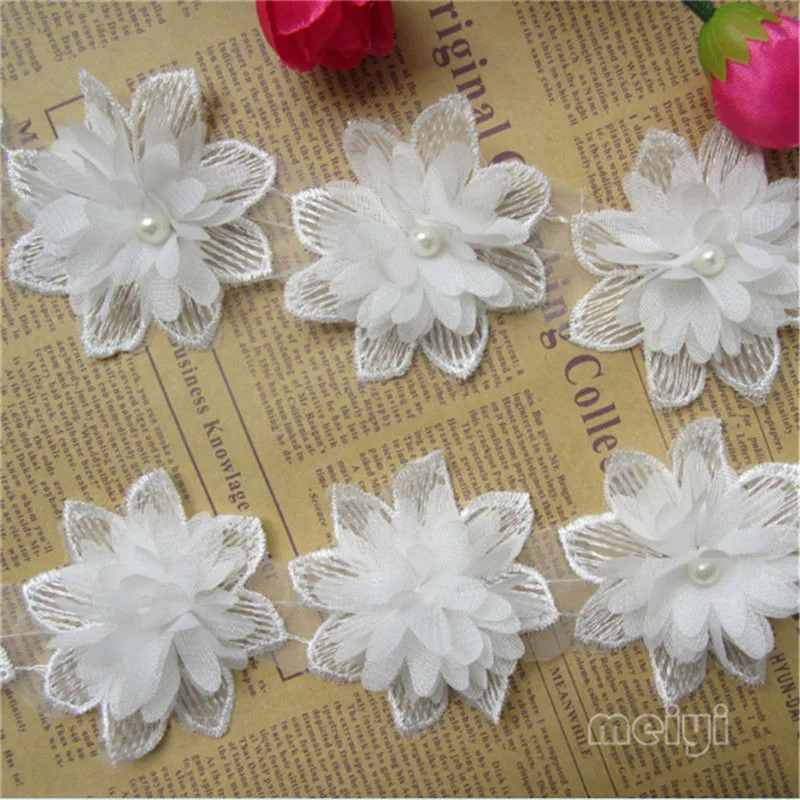 15 Flowers Pearl Lace Edge Trim Wedding Chiffon Ribbon Applique DIY Sewing Craft