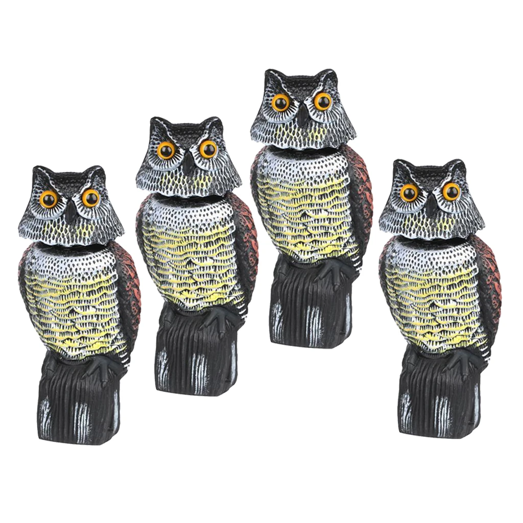 Large Realistic Owl Decoy w/ Rotating Head Bird Pigeon Crow Scarer Scarecrow, Pack of 4