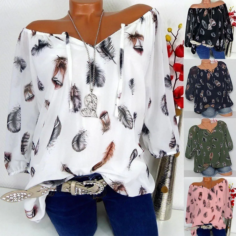 

2019 summer women's chiffon shirt loose feather print chiffon shirt V-neck five-point sleeve chiffon shirt