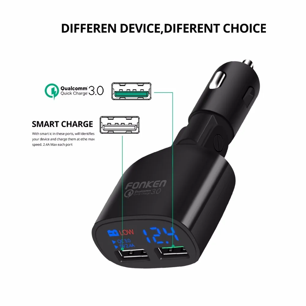 FONKEN 30 واط 9 فولت 2A USB شاحن سيارة 2 ميناء سريعة تهمة 3.0 شاحن سيارة-شاحن سريع QC3.0 LED الجهد عرض مع شحن كابل