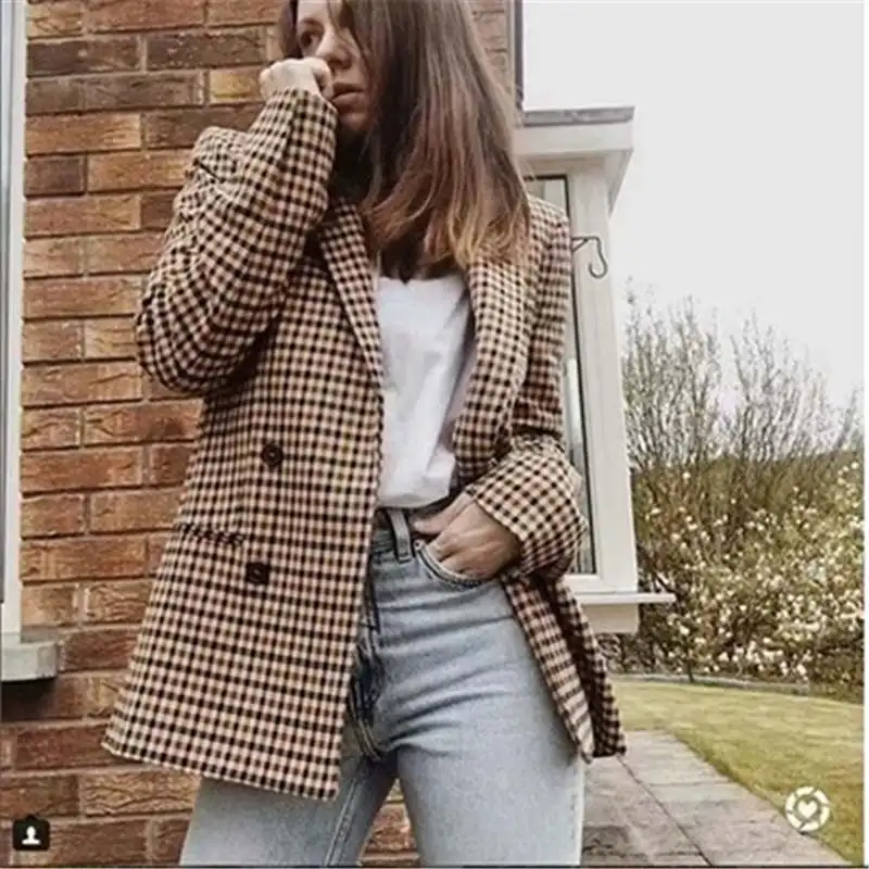 

Fashion Autumn Women Plaid Blazers and Jackets Work Office Lady Suit Slim Double Breasted Business Female Blazer Coat Spring 852
