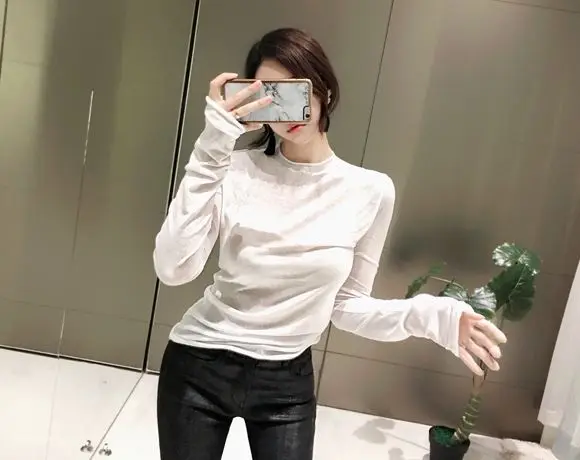 Популярная южнокорейская новая сексуальная тонкая Базовая Женская микро-футболка с длинными рукавами, верхняя одежда без подкладки