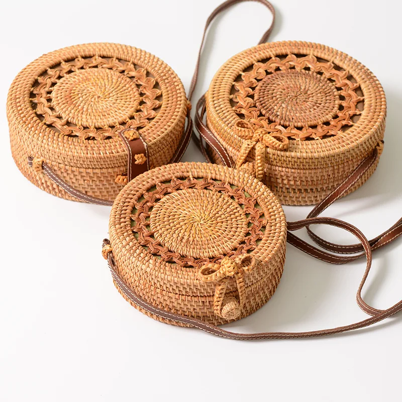 Bali Rattan Round Bags Woven Vintage Leather Shoulder Cross Body Bag for Women Rattan Bohemia