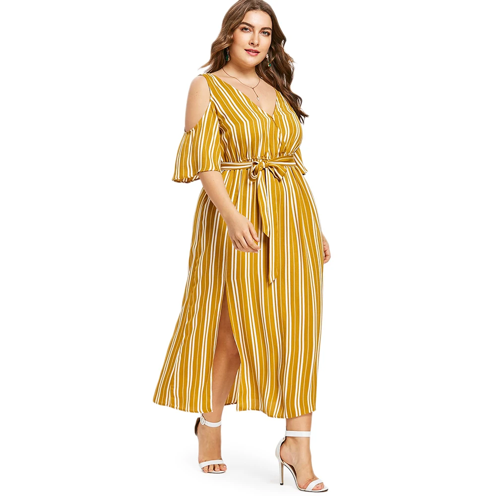2018 Plus Size Striped Belted Cold Shoulder Dress Women Summer Dress V