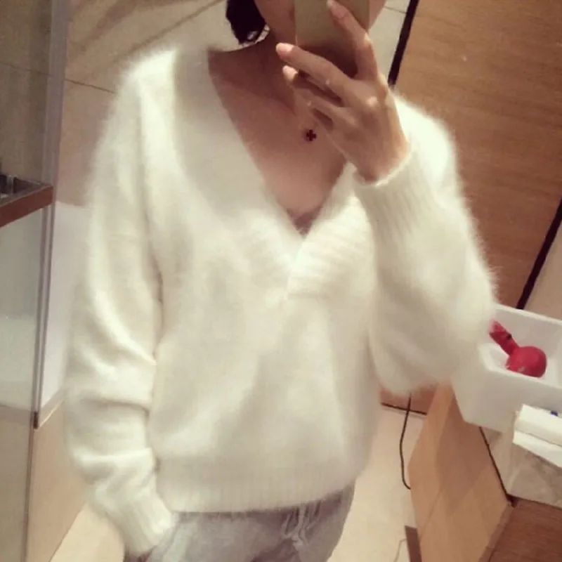 

2018 New Fashion Women Fluffy Mink Cashmere Sweater V-neck Female Pure color Mink Cashmere Sweater Kint Pullover Free Shipping