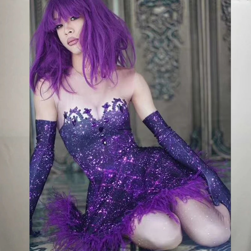 

New Stage Costume Sexy Purple Ostrich Feather Dress Evening Party Cosplay Clothing Club Rave Bar DJ Leading Dance Costume DJ549