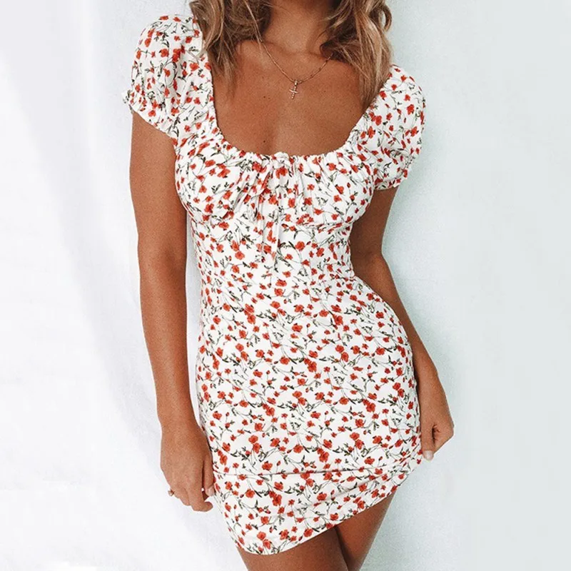 

Slim Printed Wave Point Sexy Dress Backless Bag Hip Mini Dress Women Short Sleeve Summer Dress