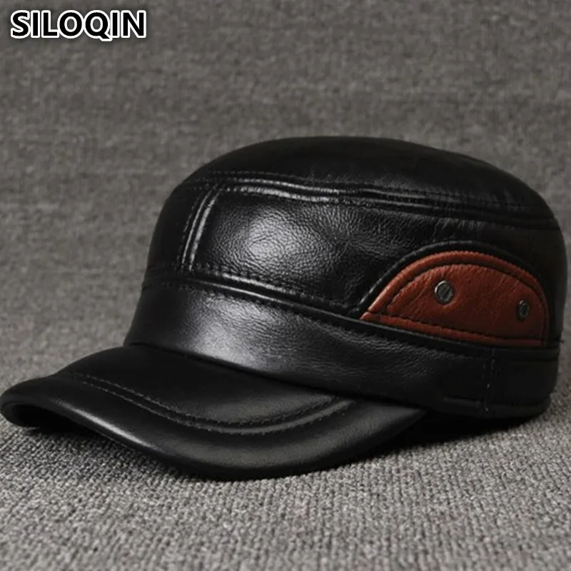 SILOQIN Genuine Leather Hats Men's Flat Cap Brands Baseball Caps For Men Adjustable Size Cowhide Leather Hat Earmuffs Dad's Cap