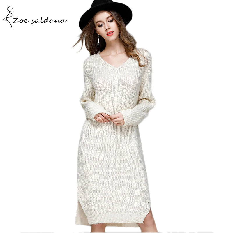 Zoe Saldana 2018 Women Knitted Dress Autumn V neck Long Sleeve Oversize Dresses Elastic Knee length