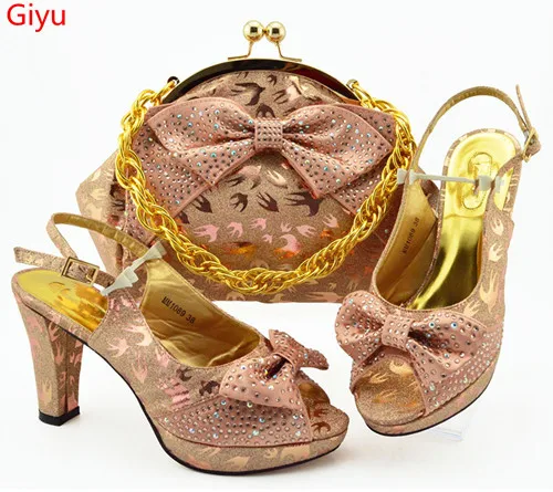

doershow New Arrival African Wedding Shoes and Bag Set peach Italian Shoes with Matching Bags Nigerian Women party!!KO1-14