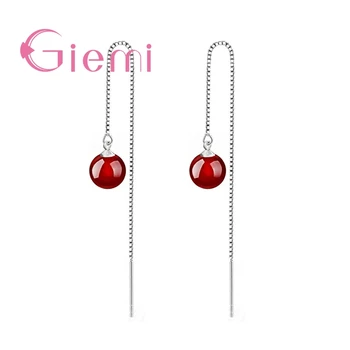 

New Fashion 925 Sterling Silver Chain Long Red Green Black Round Drop Earrings For Female Wedding Engagement Jewelry