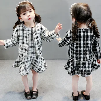 

2019 New Autumn Girls Clothes Children Clothing Set Plaid Outfits Long Sleeve Cardigan+Dress Baby Kids Suits 2pcs Girls Sets