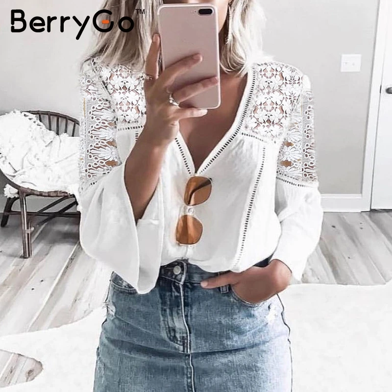 

BerryGo V neck hollow out lace blouse shirt Women elegant flare sleeve chiffon shirt top Summer white tops tees blusas 2018 new