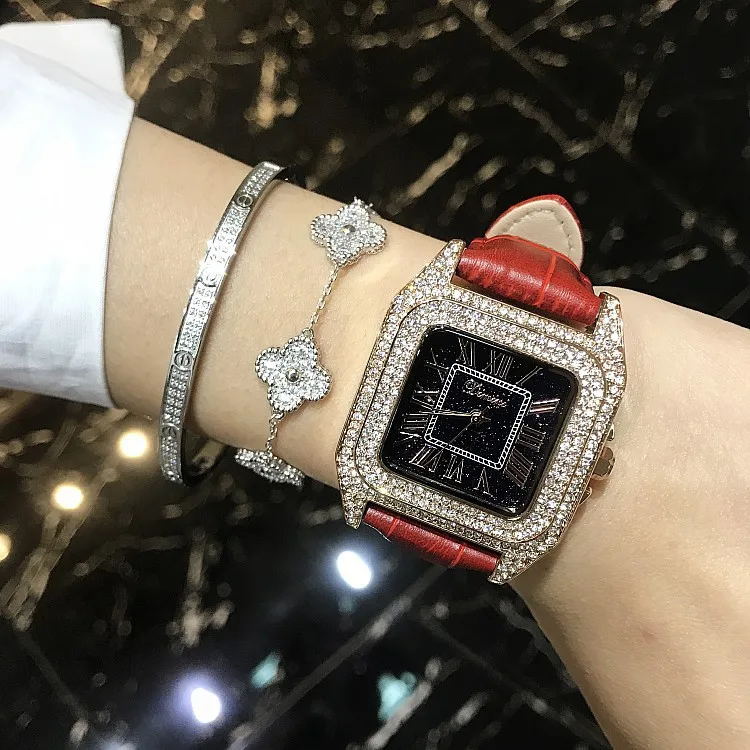 Топ Роскошные часы с квадратным браслетом и полностью бриллиантами, женские модные кварцевые часы с кожаным ремешком, стразы, новые элегантные женские часы