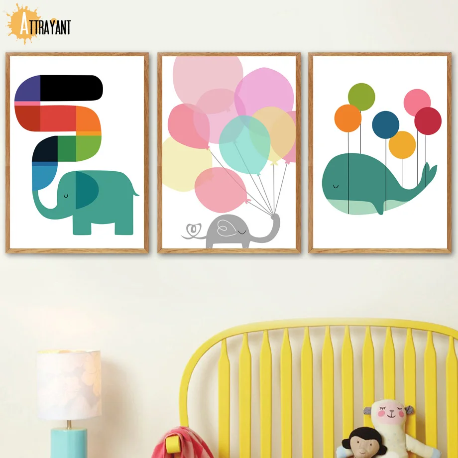 

Cartoon Whale Elephant Balloons Wall Art Canvas Painting Nordic Posters And Prints Animal Wall Pictures Baby Kids Room Decor