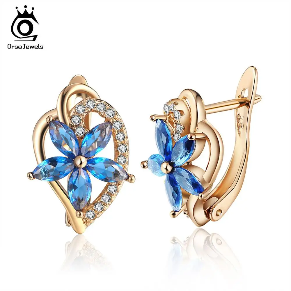 ORSA JEWELS роскошные золотые женские серьги-гвоздики 4 цвета в форме цветка AAA кубический циркон доступны вечерние ювелирные изделия OME57 - Окраска металла: Blue