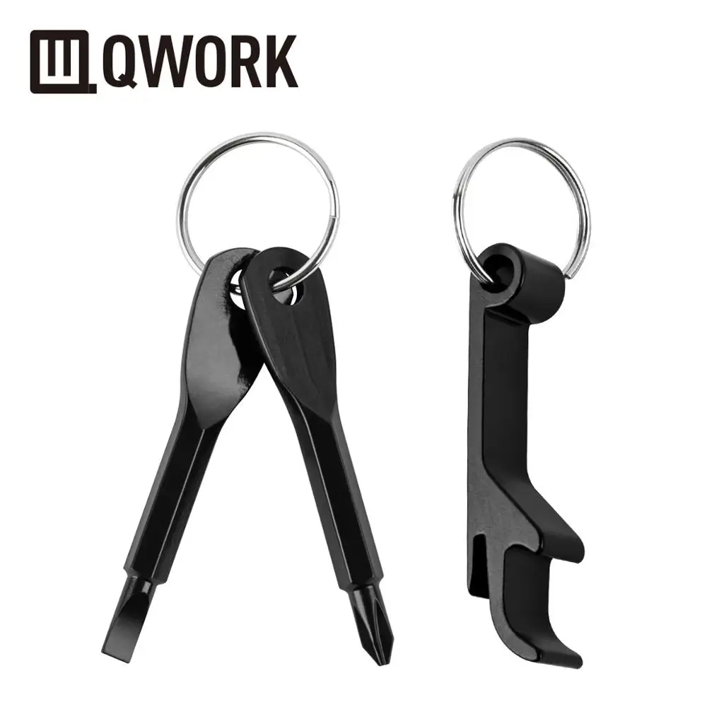 QWORK 3 шт. набор Портативный Нержавеющая сталь отвертка ключ(плоская голова+ Philips голову) с кольцом для ключей плюс может открывалка для бутылок - Цвет: Black