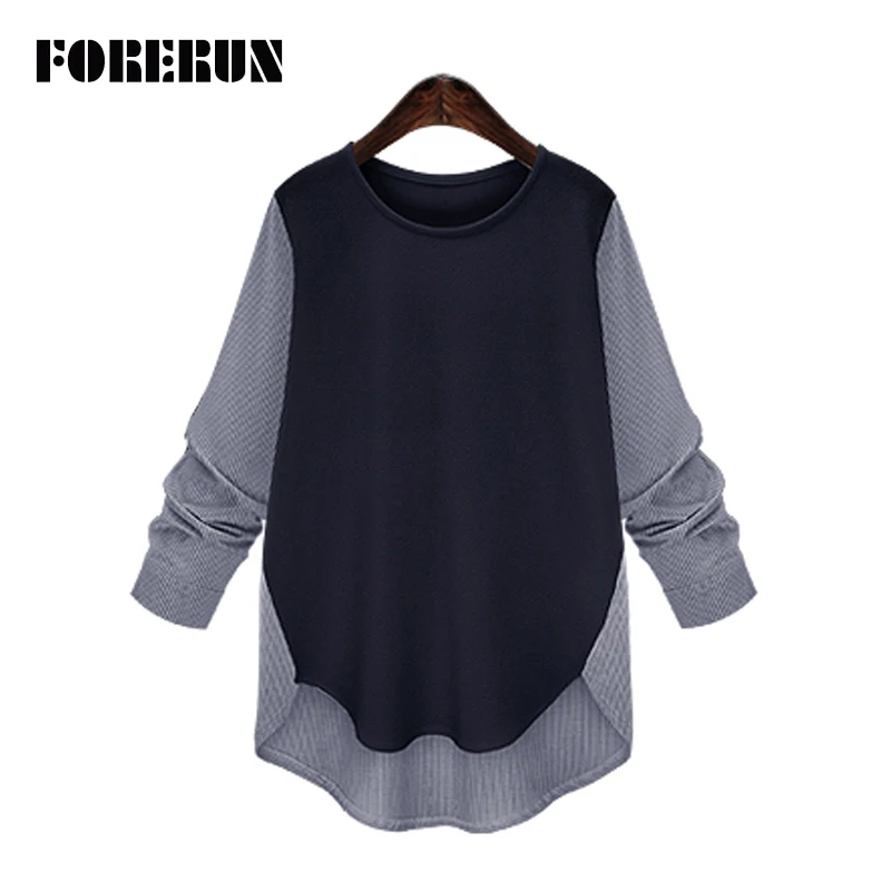 

FORERUN Women Chiffon Blouses Patchwork Plus Size Striped Shirts Autumn Long Sleeve Ladies Tops Chemise Femme Blusas Mujer 2017