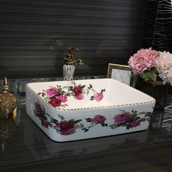 

Europe Vintage Style Artistic Porcelain Wash Basin Lavabo Bathroom Sink wash basin china rectangular rose pattern