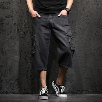 

Casual Mens Shorts Jeans Men Summer Big Pockets Shorts Plus Size 48 Baggy Denim Trousers Male Calf Length Loose Fit Harem Pants