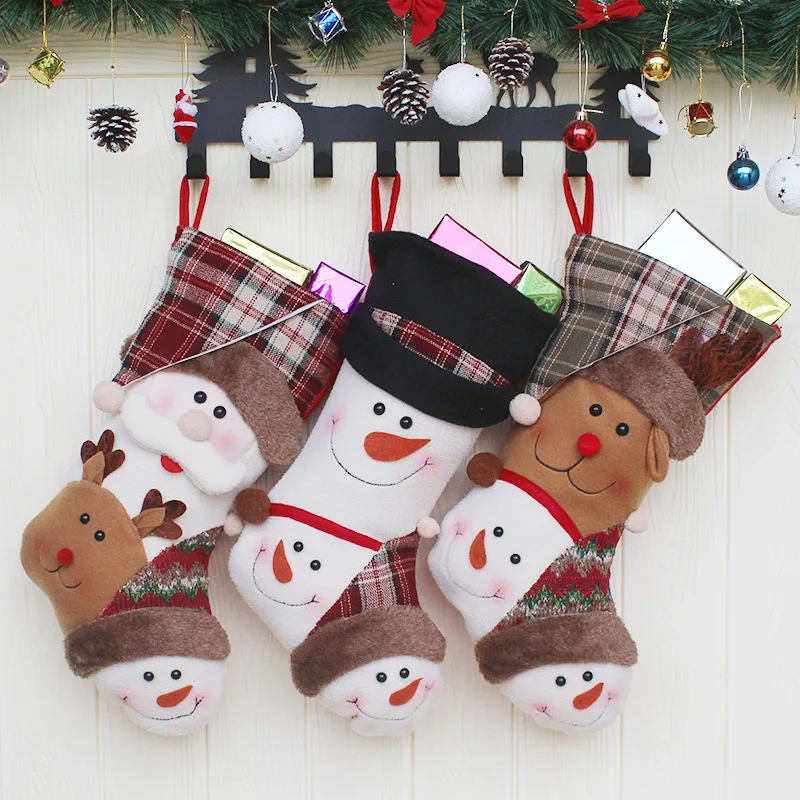 

Decorations new year Christmas Stocking Gift Bag Noel Reindeer Santa Claus Snowman Socks natal Xmas Tree Candy Ornament Gifts