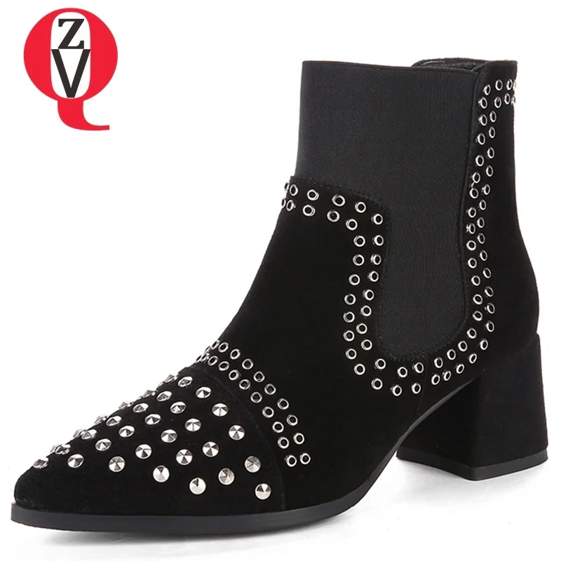 

ZVQ women shoes 2019 new fashion metal rivet kid suede elastic band pointed toe high hoof heels black ankle boots size 34-39