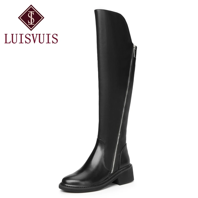 

LUISVUIS Women Long Boots Real Leather Zipper Round Toe Thick Heel Knee Boots Fashion Concise Shoes Woman Footwear Size 34 -39