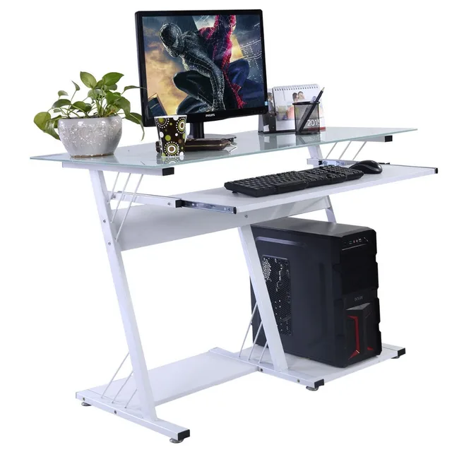 New Modern Computer Desk Table Office Furniture Keyboard Shelf Glass