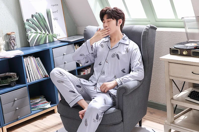 Mens Winter Autumn Pajamas Night Suit Men Nightwear Male Sleepwear Pyjamas Man Nighty Sleeping Suit Top Pants Set Button 3XL