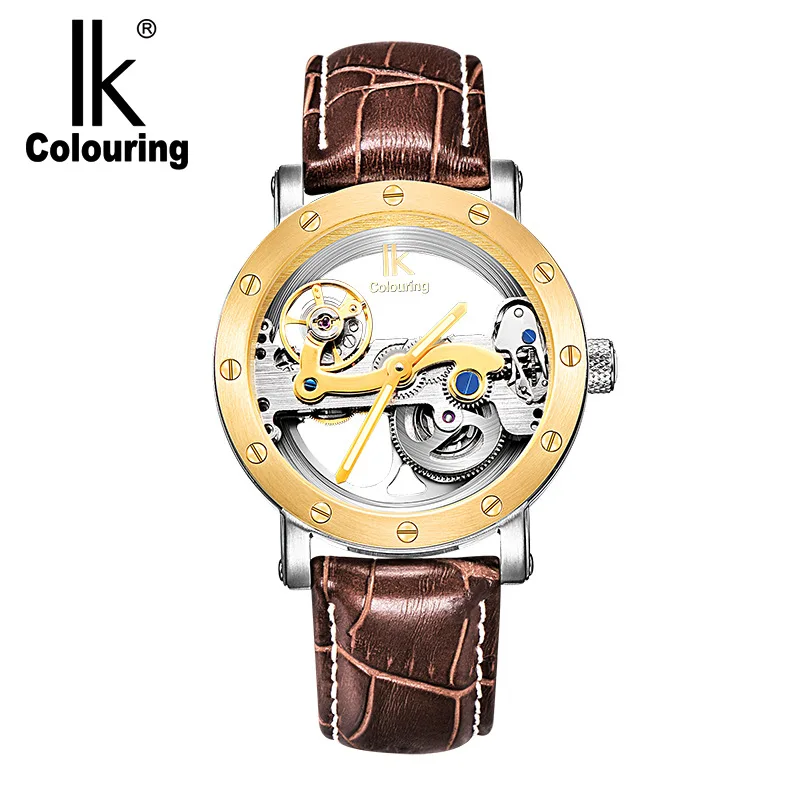 

Genuine IK colouring mens automatic mechanical wrist watches skeleton Tourbillon leather male clocks casual waterproof 98393