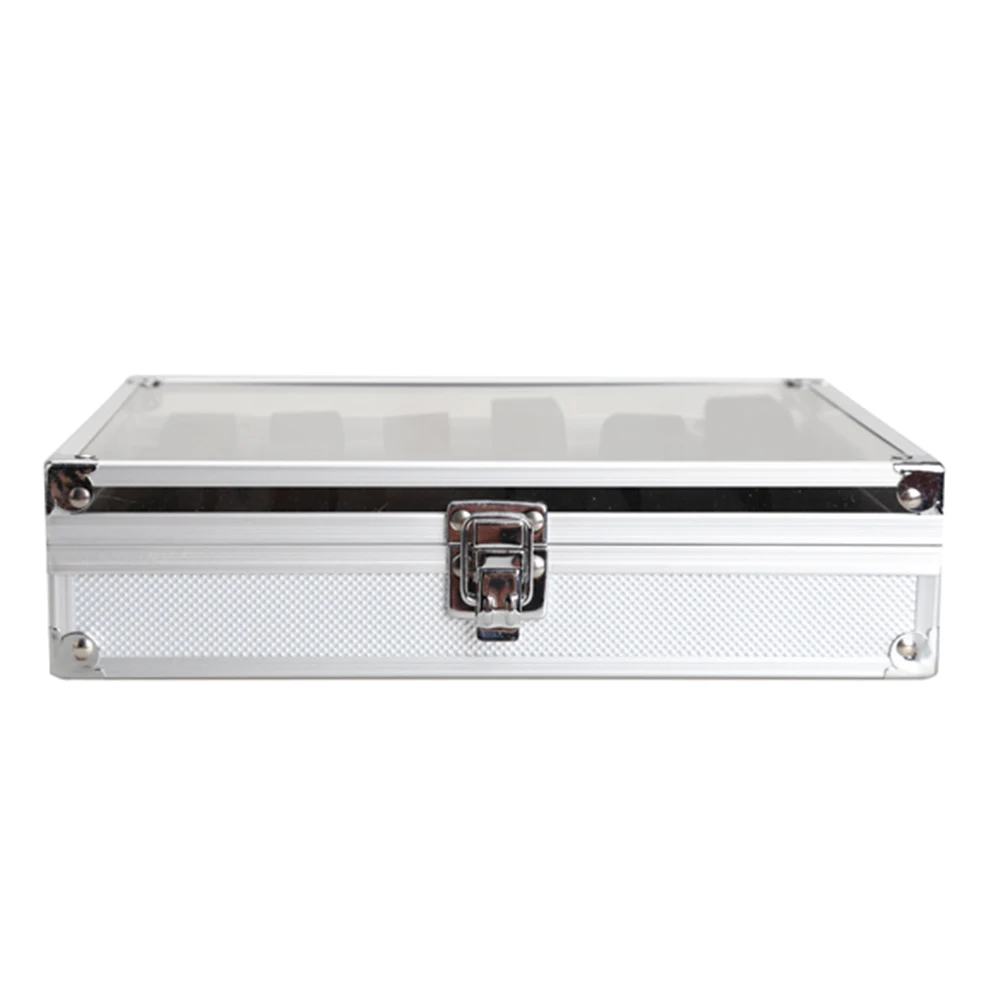 Cena Delikatny uchwyt na zegarek ze stopu aluminium pudełka z miękkiego zamszu 12 gniazd siatki gabloty kwadratowe pudełko do przechowywania akcesoria do zegarków PT