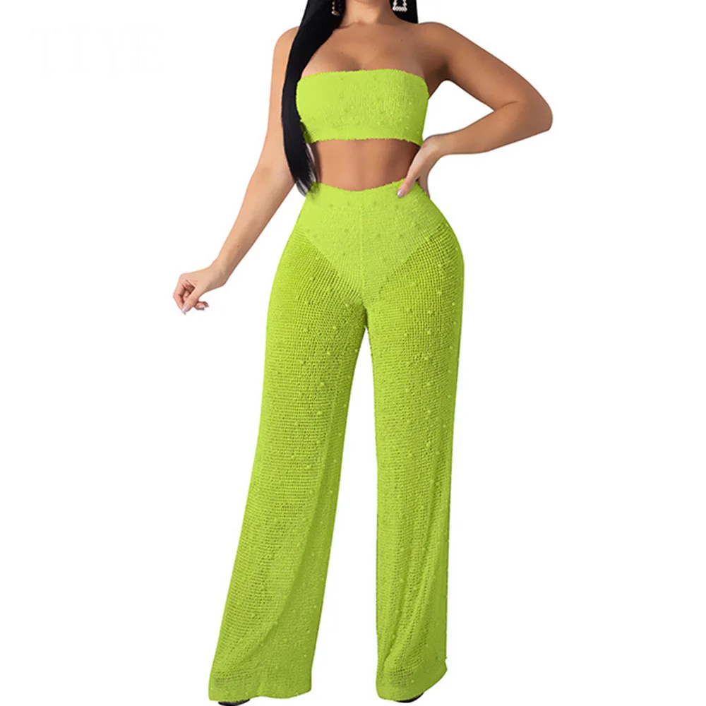 

Women See Through Hollow Out 2 Pieces Sets Knitted Jumpsuits Sexy Off Shoulder Strapless Beading Summer Playsuits Plus Size XXL