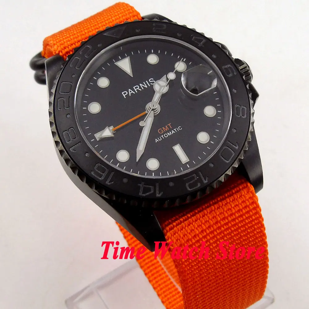 Parnis 40 мм GMT 3804 PVD чехол автоматический мужской часы с сапфировым стеклом черный