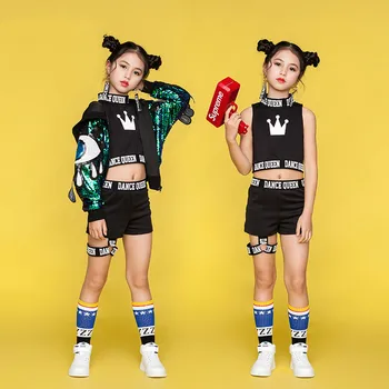 

Girls Jazz Dance Costumes Children's Hip-hop Clothes Female Korean Tide Children's Costumes Navel Hip Hip Glitter Set