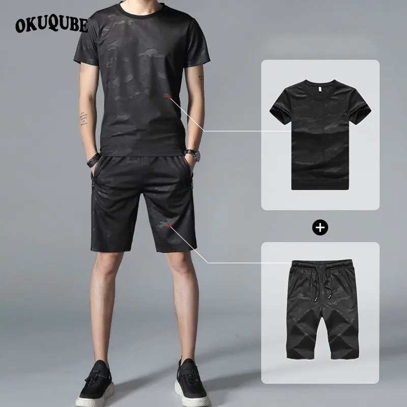 Men Running Set Two Pieces Tracksuit Man Printed Elastic Waistband Pockets Work Out Clothes Jogging Gym Training Sportswear Male | Спорт и