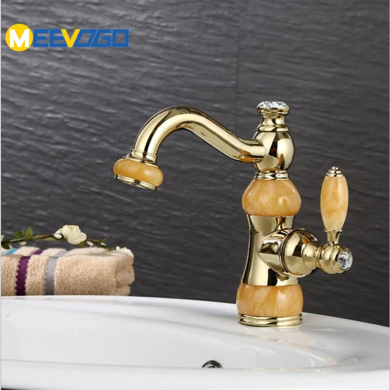 MEEVOGO Euro Style Brass Antique Gold Faucets Jade Body Single Handle