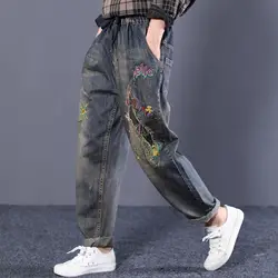 Горячие Национальный стиль ретро стирка лет Модные свободные большие размеры литературный тяжелая работа, вышивка джинсы Sen Женская
