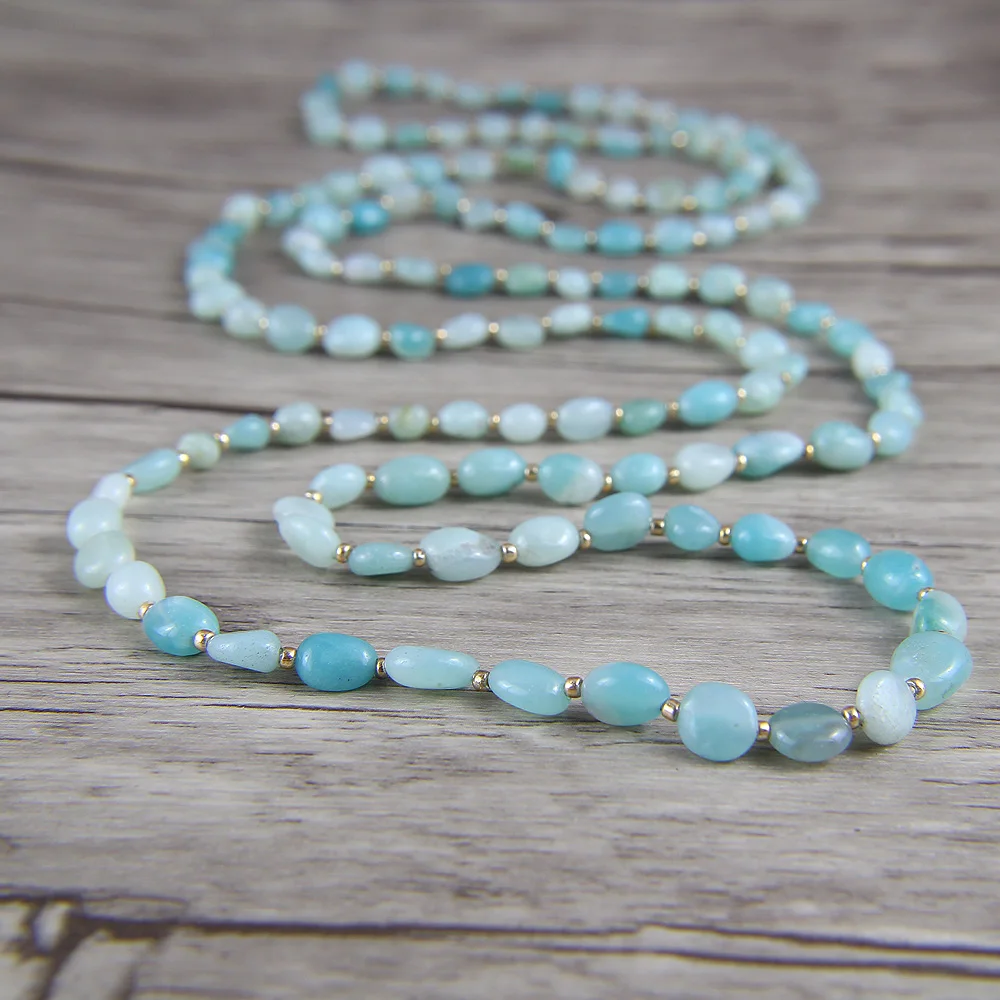 Raw Amazonite bead Necklace Blue Bead Necklace BOHO Summer Long Bead