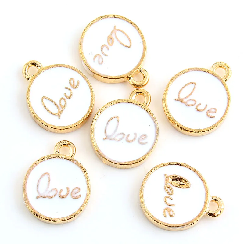 

10pcs White Enamel Round Charm Pendants Love Gold Color Alloy beads Jewelry Findings 12x12mm
