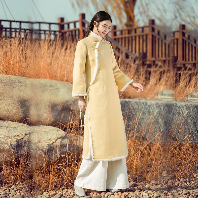 

Traditional Chinese Dress Female Winter Cheongsam Qipao Hanfu Dress Vietnam Dress Women Meditation Yellow Chinese Dress TA1332
