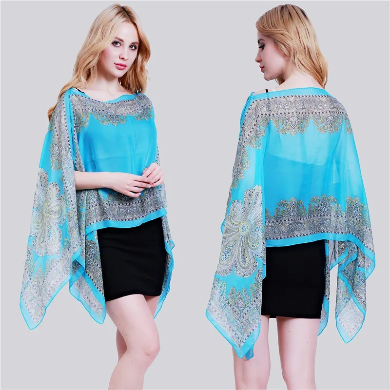 Print Chiffon Beachwear Poncho Tunic Shawl Poncho Cape Women Bikini