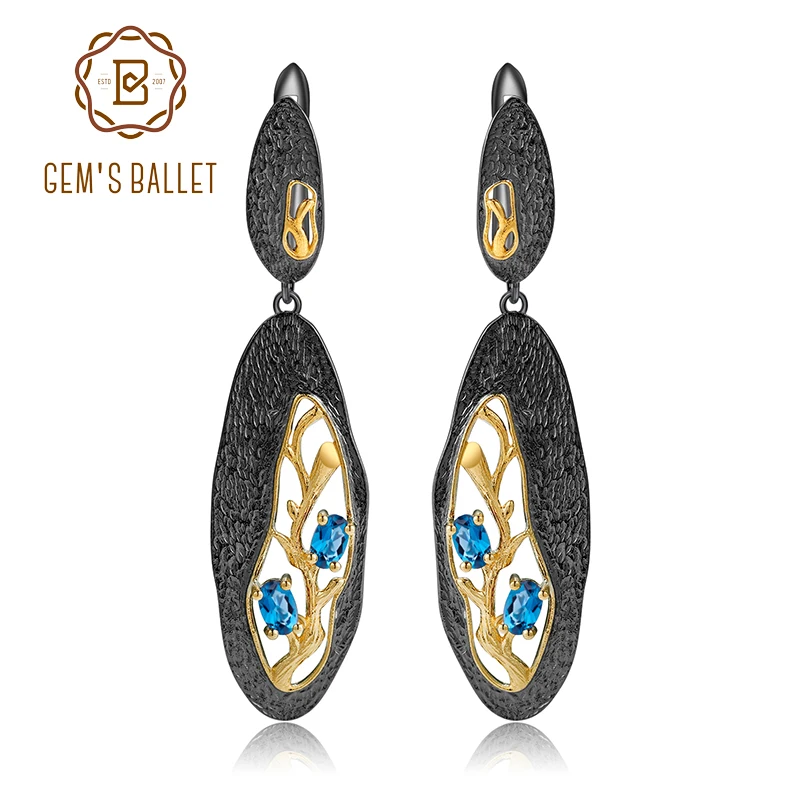 

GEM'S BALLET 925 Sterling Silver Natural London Blue Topaz Handmade Petal Floral Drop Earrings for Women Fine Jewelry