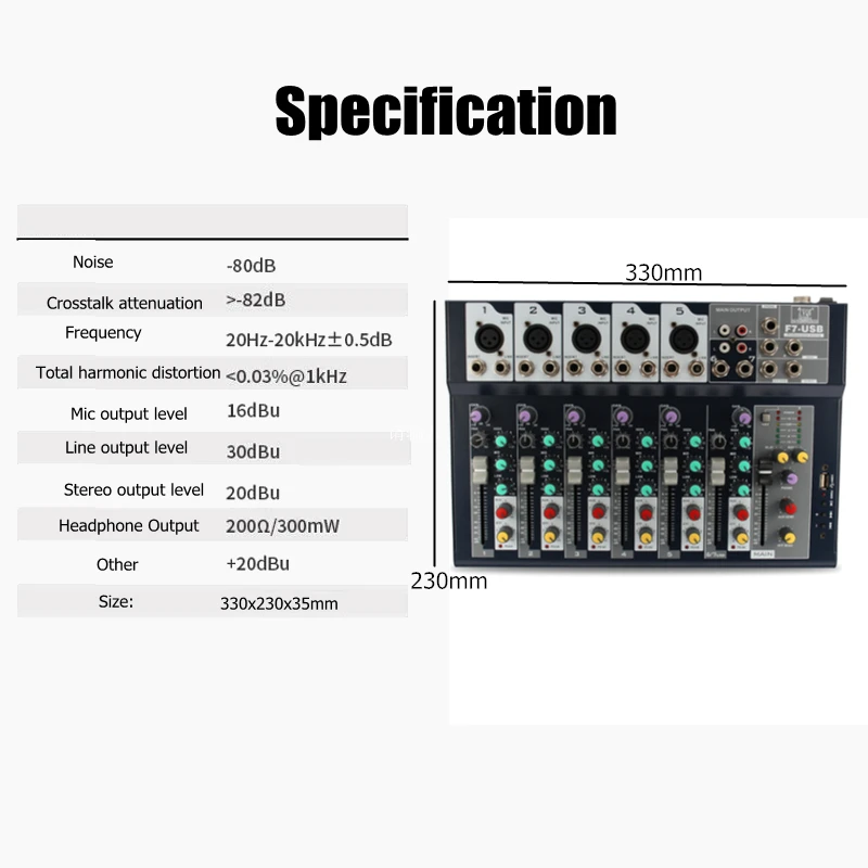

7 Channel Professional Stage Live Studio Audio Mixer USB Mixing Console DJ KTV Show Percussion Instruments Parts