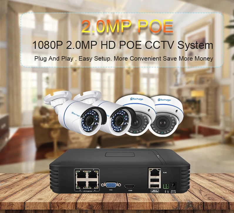 Techage 4CH 1080P HDMI POE NVR Комплект охранной системы видеонаблюдения 2MP IR-Cut Крытый Открытый CCTV купольная ip-камера P2P комплект видеонаблюдения