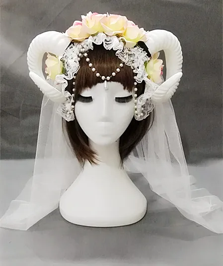 

Mori Girls Lace Gothic Headband Lolita Hair Accessory Cosplay Sheep Horn Veil Hairbands Christmas gift A